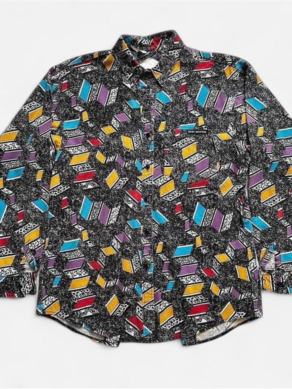 Vintage 1990s Geometric Print Button-Up Shirt - Black with Multicolor Blocks M